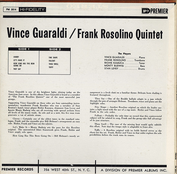 Vince Guaraldi - Frank Rosolino Quintet ~ The Frank Rosolino Quintet (Vinyl) - Djungel & Jazz