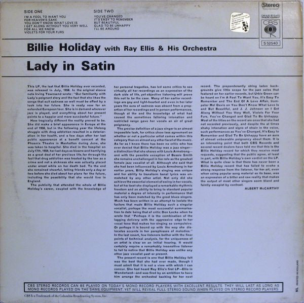Billie Holiday With Ray Ellis And His Orchestra ~ Lady In Satin (Vinyl) - Djungel & Jazz