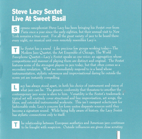 The Steve Lacy Sextet ~ Live At Sweet Basil (Vinyl) - Djungel & Jazz