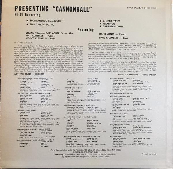 Julian "Cannonball" Adderley* : Presenting "Cannonball" (LP, Album, RE, EMW)