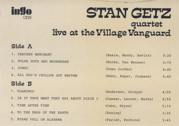Stan Getz Quartet ~ Live At The Village Vanguard (Vinyl) - Djungel & Jazz