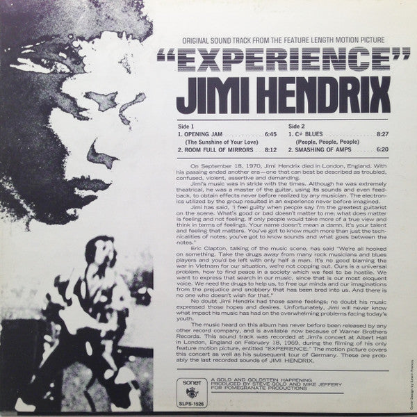 Jimi Hendrix : "Experience" - Original Sound Track From The Feature Length Motion Picture (LP, Album)
