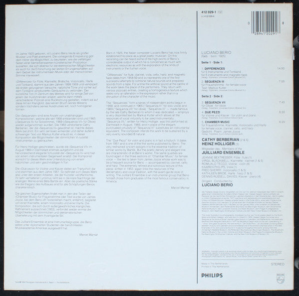 Berio* - Cathy Berberian, Heinz Holliger, Juilliard Ensemble*, Luciano Berio : Sequenza III & VII - Différences - Due Pezzi - Chamber Music (LP, Album, RE)