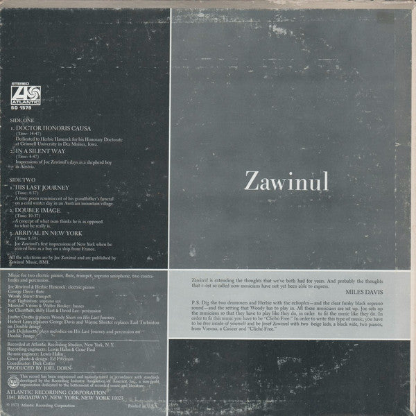 Joe Zawinul : Zawinul (LP, Album, PR)