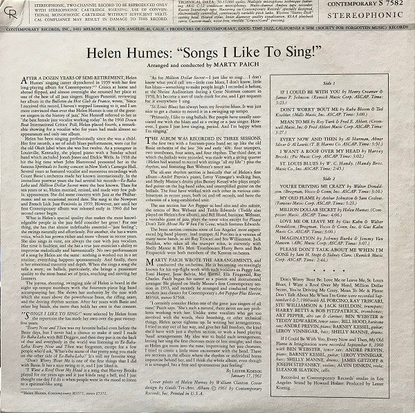 Helen Humes : Songs I Like To Sing! (LP, Album)