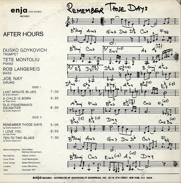 Dusko Goykovich, Tete Montoliu, Rob Langereis, Joe Nay ~ After Hours (Vinyl) - Djungel & Jazz