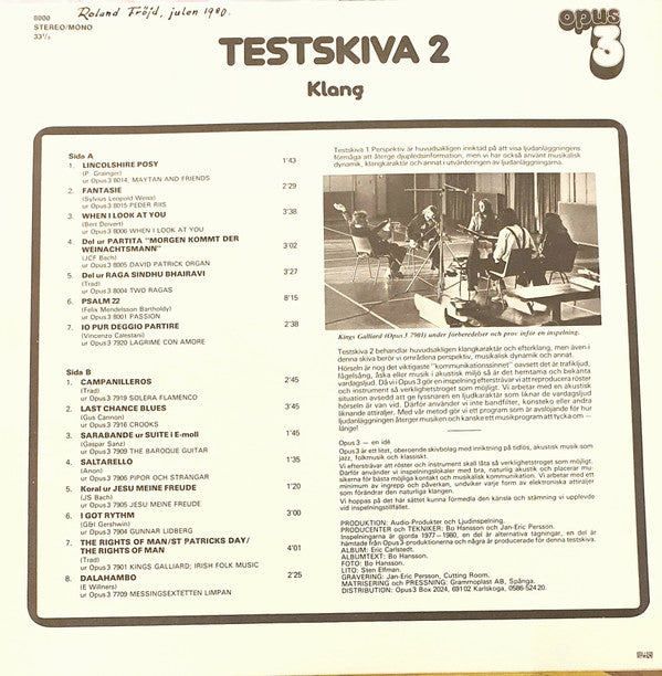 Various ~ Testskiva 2 (Klang) (Vinyl) - Djungel & Jazz