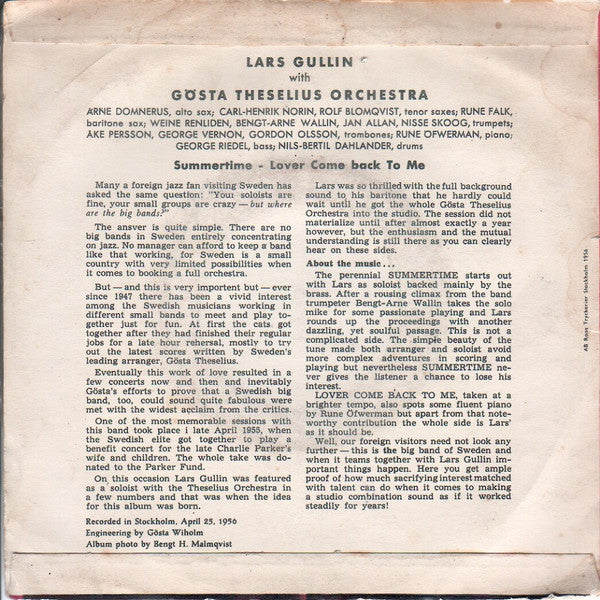 Lars Gullin With Gösta Theselius Orkester ~ Summertime / Lover Come Back To Me (Vinyl) - Djungel & Jazz
