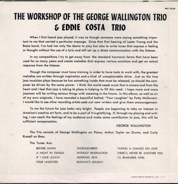 George Wallington Trio & Eddie Costa Trio ~ The Workshop Of The George Wallington Trio & Eddie Costa Trio (Vinyl) - Djungel & Jazz