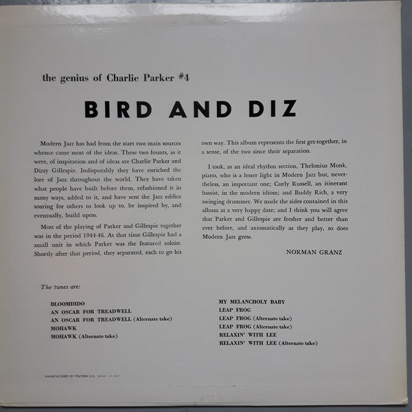 Charlie Parker And Dizzy Gillespie ~ Bird And Diz (Vinyl) - Djungel & Jazz