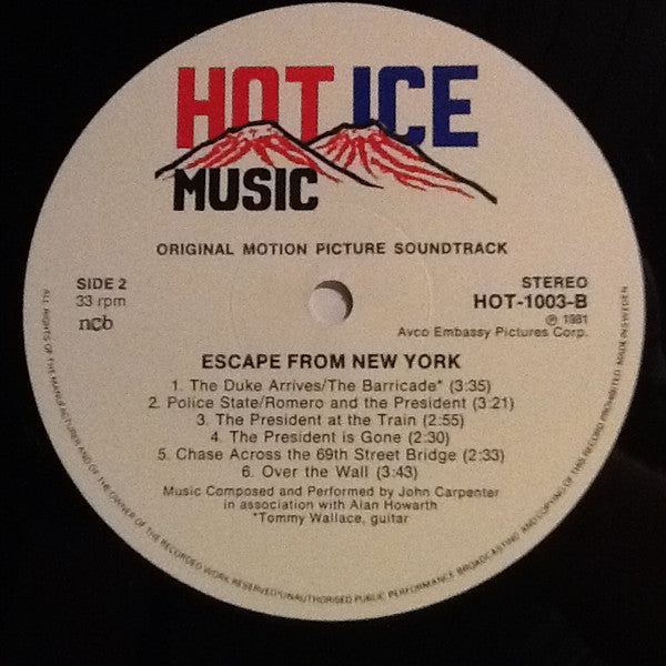 John Carpenter In Association With Alan Howarth : Escape From New York (Original Motion Picture Soundtrack) (LP, Album, Whi)