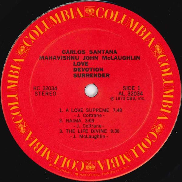 Carlos Santana & Mahavishnu John McLaughlin* : Love Devotion Surrender (LP, Album, Pit)
