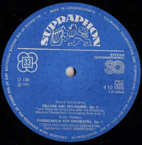 Arnold Schoenberg, Anton Webern, The Czech Philharmonic Orchestra, Hans Swarowsky ~ Pelleas And Melisande / Passacaglia For Orchestra (Vinyl) - Djungel & Jazz