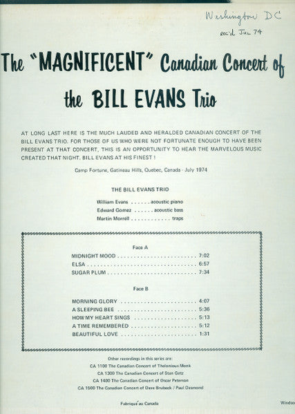 Bill Evans ~ The Canadian Concert of Bill Evans (Vinyl) - Djungel & Jazz