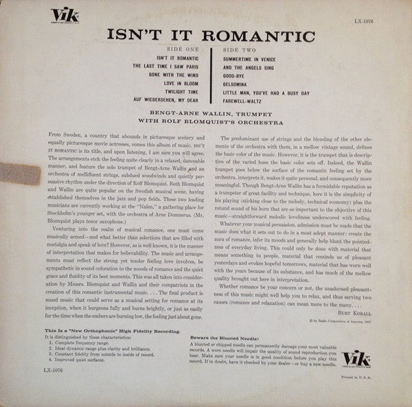 Bengt-Arne Wallin With Rolf Blomquist's Orchestra ~ Isn't It Romantic (Vinyl) - Djungel & Jazz