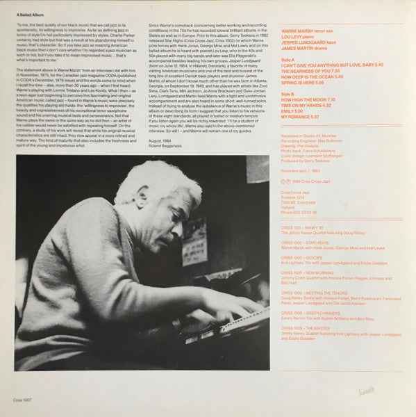 Warne Marsh Quartet Featuring Lou Levy ~ A Ballad Album (Vinyl) - Djungel & Jazz