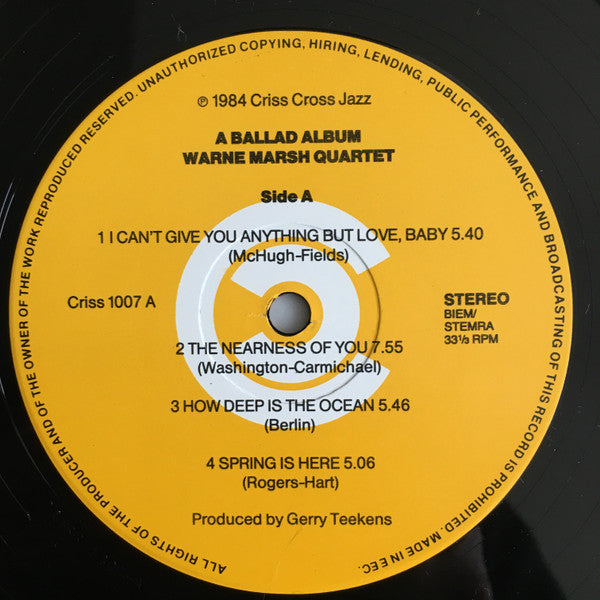 Warne Marsh Quartet Featuring Lou Levy ~ A Ballad Album (Vinyl) - Djungel & Jazz