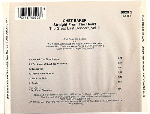 Chet Baker ~ Straight From The Heart - The Great Last Concert, Vol. II (Vinyl) - Djungel & Jazz