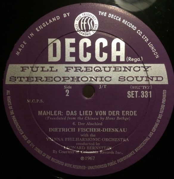 Gustav Mahler - James King , Dietrich Fischer-Dieskau, Wiener Philharmoniker, Leonard Bernstein ~ Das Lied Von Der Erde (Vinyl) - Djungel & Jazz