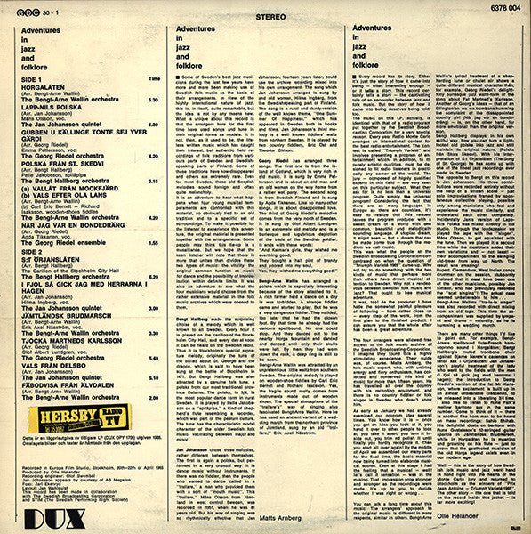 Bengt-Arne Wallin / Jan Johansson / Georg Riedel / Bengt Hallberg ~ Adventures In Jazz And Folklore (Vinyl) - Djungel & Jazz