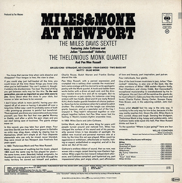 The Miles Davis Sextet & The Thelonious Monk Quartet ~ Miles & Monk At Newport (Vinyl) - Djungel & Jazz