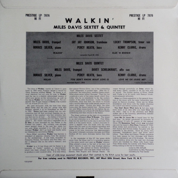 Miles Davis All Stars : Walkin' (LP, Album, Comp, Mono)