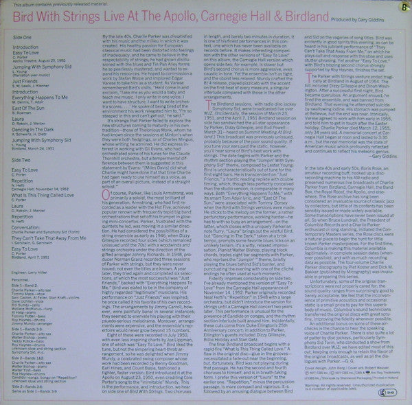 Charlie Parker : Bird With Strings (Live At The Apollo, Carnegie Hall & Birdland) (LP, Album, Mono)