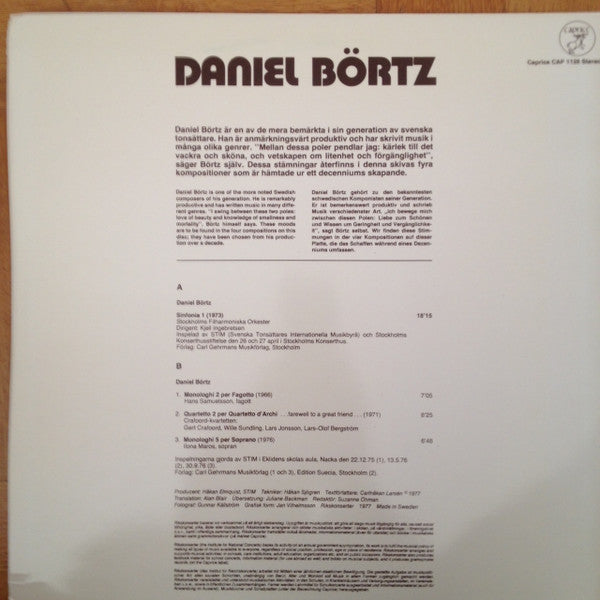 Daniel Börtz, Stockholms Filharmoniska Orkester, Kjell Ingebretsen / Hans Samuelsson / Crafoord-Kvartetten / Ilona Maros ~ Sinfonia 1 / Quartetto 2 / Monologhi 2 & 5 (Vinyl) - Djungel & Jazz