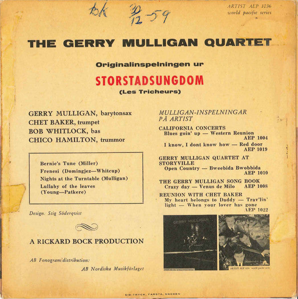 Gerry Mulligan Quartet ~ Storstadsungdom "Les Tricheurs" (Vinyl) - Djungel & Jazz