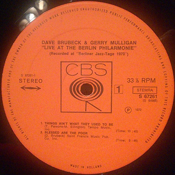 The Dave Brubeck Trio & Gerry Mulligan ~ Live At The Berlin Philharmonie (Vinyl) - Djungel & Jazz
