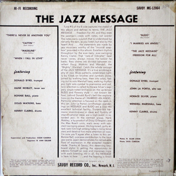 Donald Byrd, Hank Mobley, Horace Silver, Doug Watkins, John LaPorta, Ronnie Ball, Wendell Marshall, Kenny Clarke ~ The Jazz Message Of (Vinyl) - Djungel & Jazz