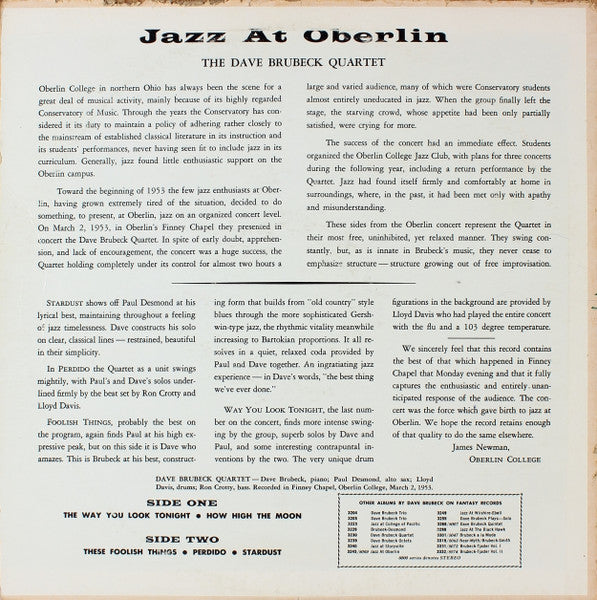 The Dave Brubeck Quartet ~ Jazz At Oberlin (Vinyl) - Djungel & Jazz