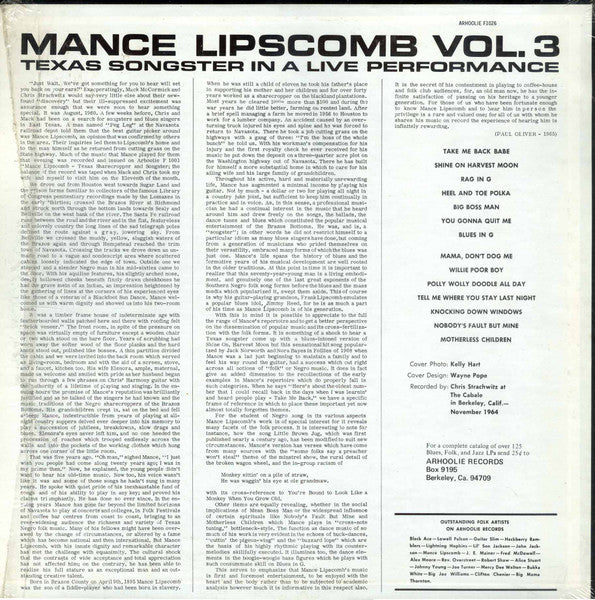 Mance Lipscomb ~ Vol. 3: Texas Songster In A Live Performance (Vinyl) - Djungel & Jazz