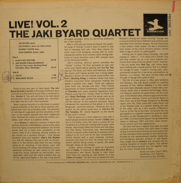 The Jaki Byard Quartet ~ Live! Vol. 2 (Vinyl) - Djungel & Jazz