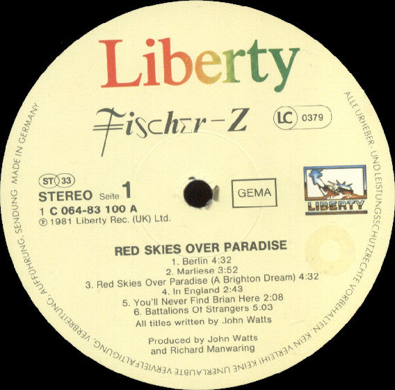 Fischer-Z ~ Red Skies Over Paradise (Vinyl) - Djungel & Jazz