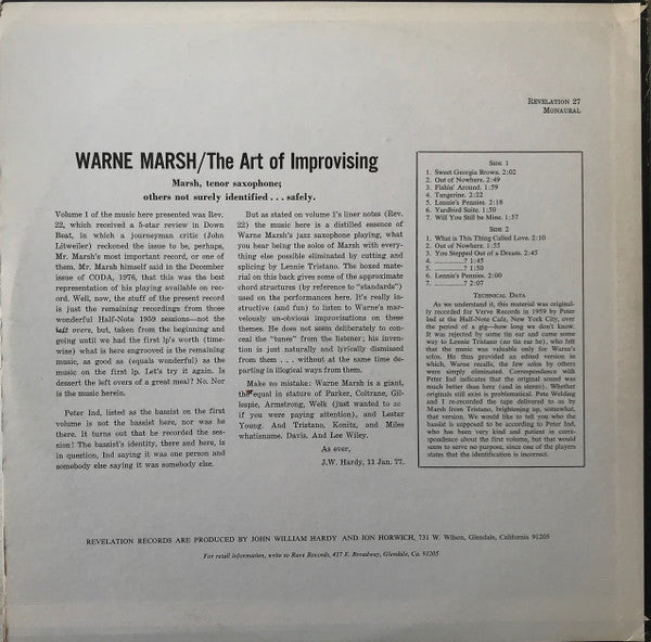 Warne Marsh ~ The Art of Improvising Volume 2 (Vinyl) - Djungel & Jazz