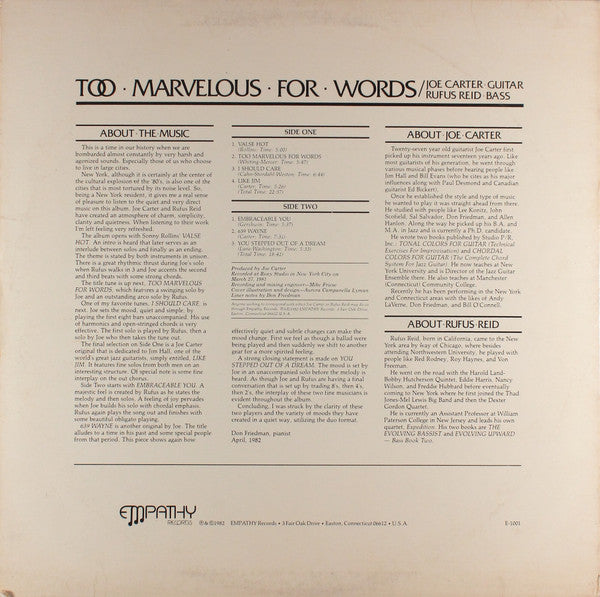 Joe Carter (6) & Rufus Reid : Too Marvelous For Words (LP)