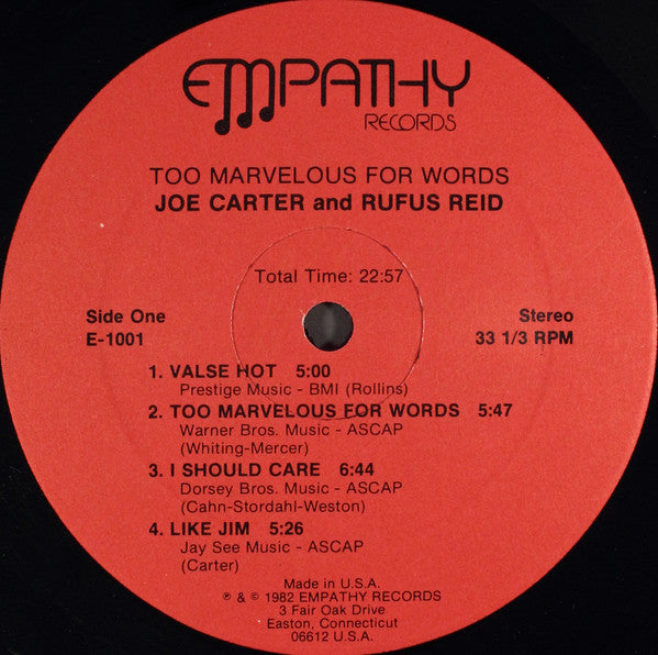 Joe Carter (6) & Rufus Reid : Too Marvelous For Words (LP)