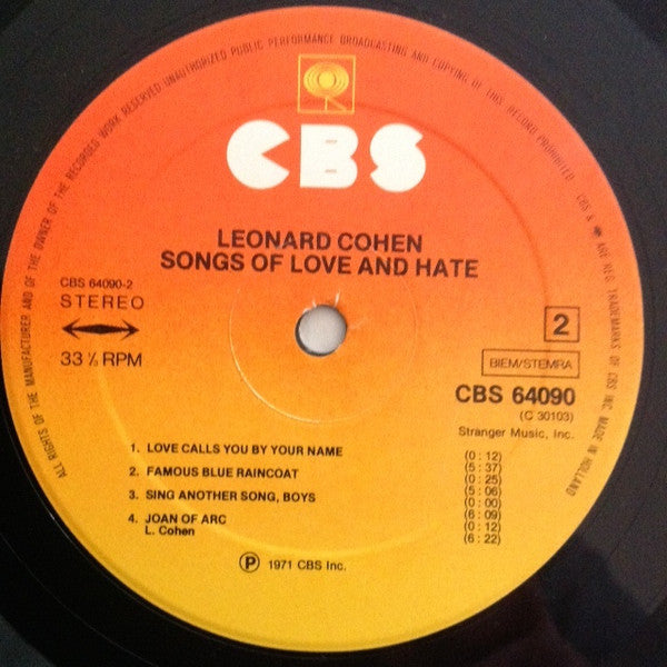 Leonard Cohen : Songs Of Love And Hate (LP, Album, RE)