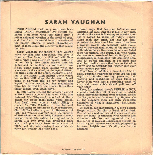 Sarah Vaughan ~ Vol. 1 (Vinyl) - Djungel & Jazz