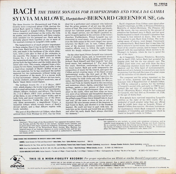 Johann Sebastian Bach, Sylvia Marlowe, Bernard Greenhouse ~ The Three Sonatas For Harpsichord And Viola Da Gamba (Vinyl) - Djungel & Jazz