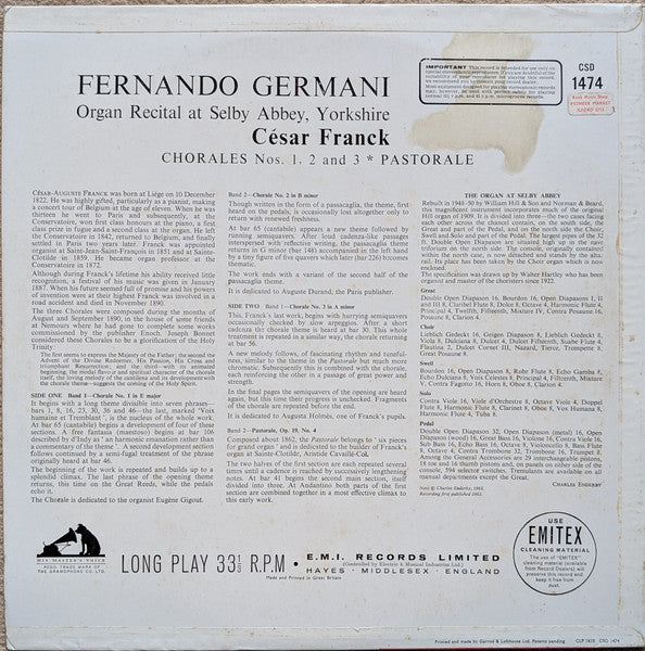 César Franck, Fernando Germani ~ Organ Recital At Selby Abbey, Yorkshire (No. 2) (Vinyl) - Djungel & Jazz