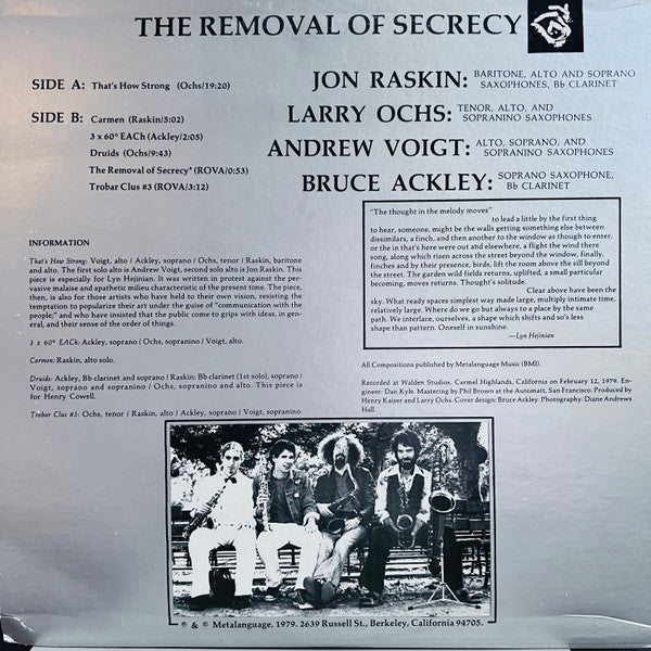 Rova Saxophone Quartet ~ The Removal Of Secrecy (Vinyl) - Djungel & Jazz