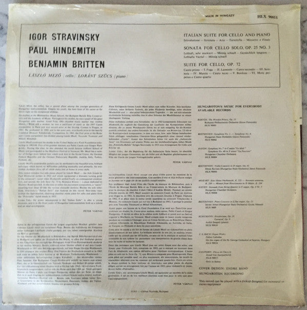 Igor Stravinsky, Paul Hindemith, Benjamin Britten, László Mezö, Loránt Szűcs ~ Italian Suite For Cello And Piano / Sonata For Solo Cello Op. 25 No.3 / Suite For Cello Op. 72 (Vinyl) - Djungel & Jazz