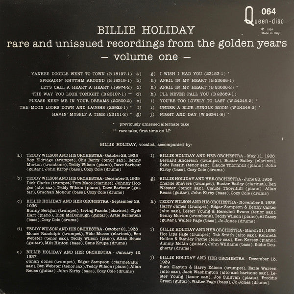 Billie Holiday ~ Rare And Unissued Recordings From The Golden Years - Volume One (Vinyl) - Djungel & Jazz