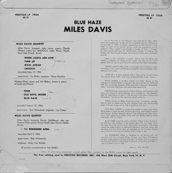 Miles Davis ~ Blue Haze (Vinyl) - Djungel & Jazz