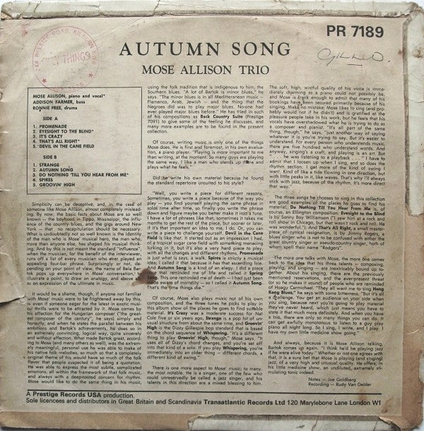 Mose Allison ~ Autumn Song (Vinyl) - Djungel & Jazz