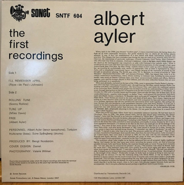 Albert Ayler : The First Recordings (LP, Album, RE)