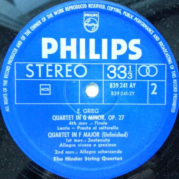 Grieg, The Hindar String Quartet ~ Quartet In G-minor Op. 27 / Quartet In F-major (Unfinished) (Vinyl) - Djungel & Jazz
