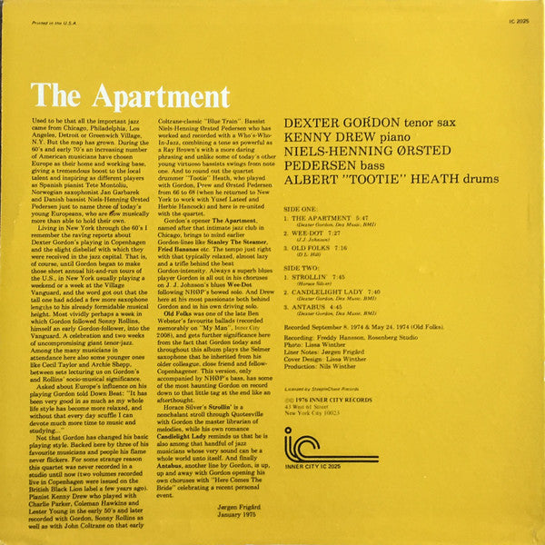 Dexter Gordon Quartet ~ The Apartment (Vinyl) - Djungel & Jazz